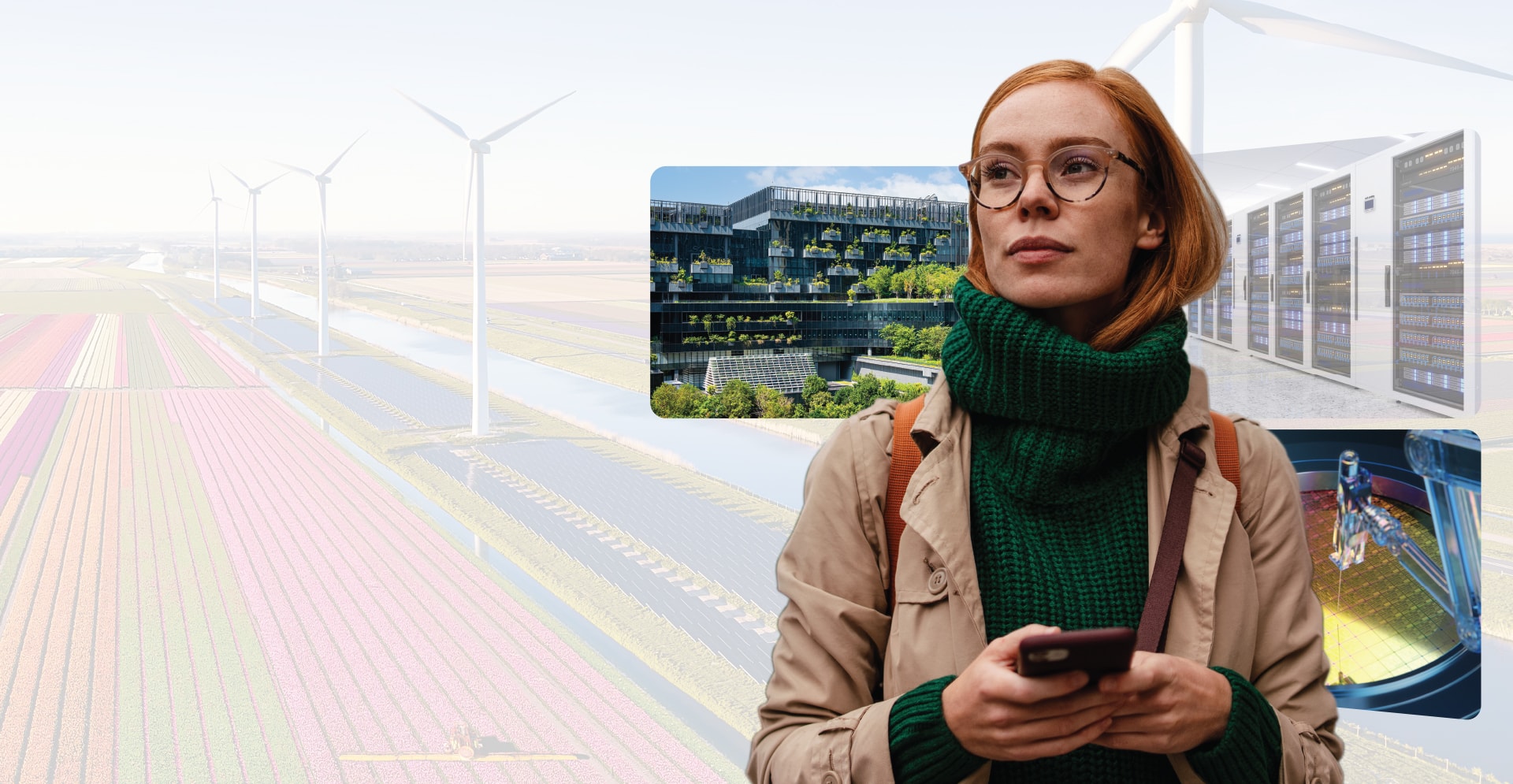 A woman in a cozy sweater is seen holding a cell phone, with wind turbines in the backdrop, representing sustainable energy sources.