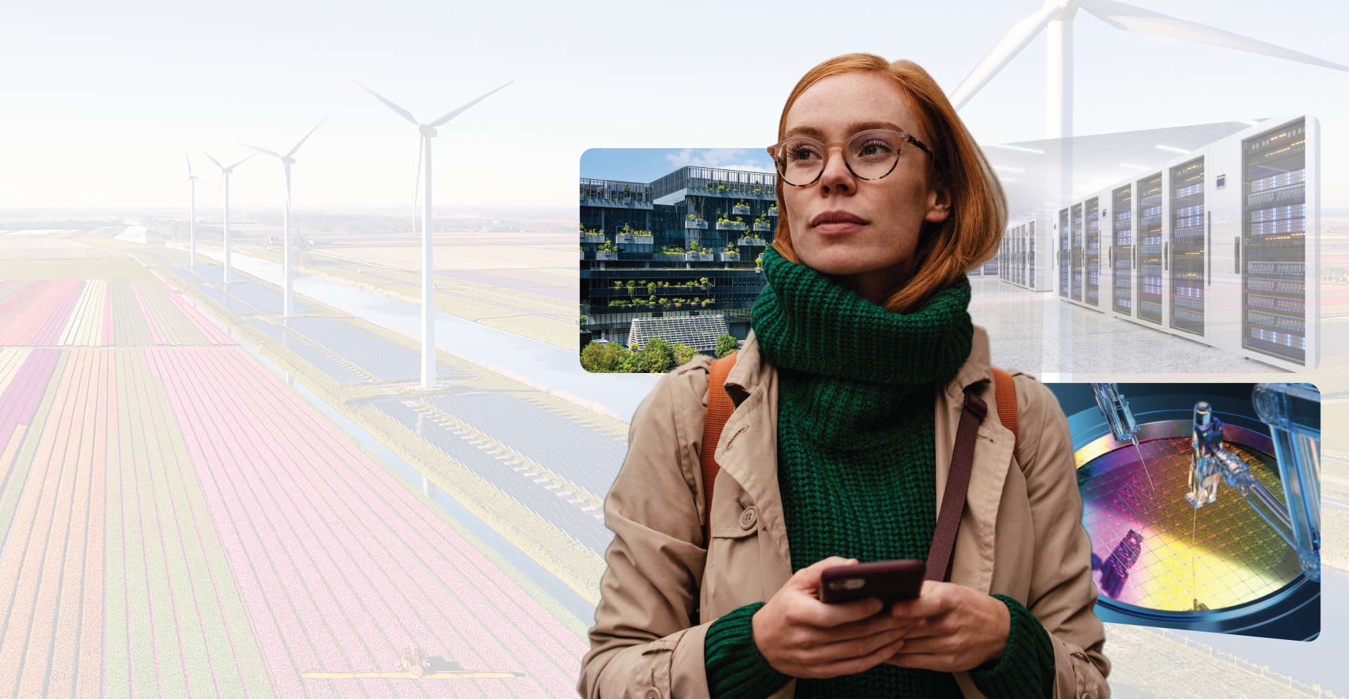 A woman in a cozy sweater is seen holding a cell phone, with wind turbines in the backdrop, representing sustainable energy sources.