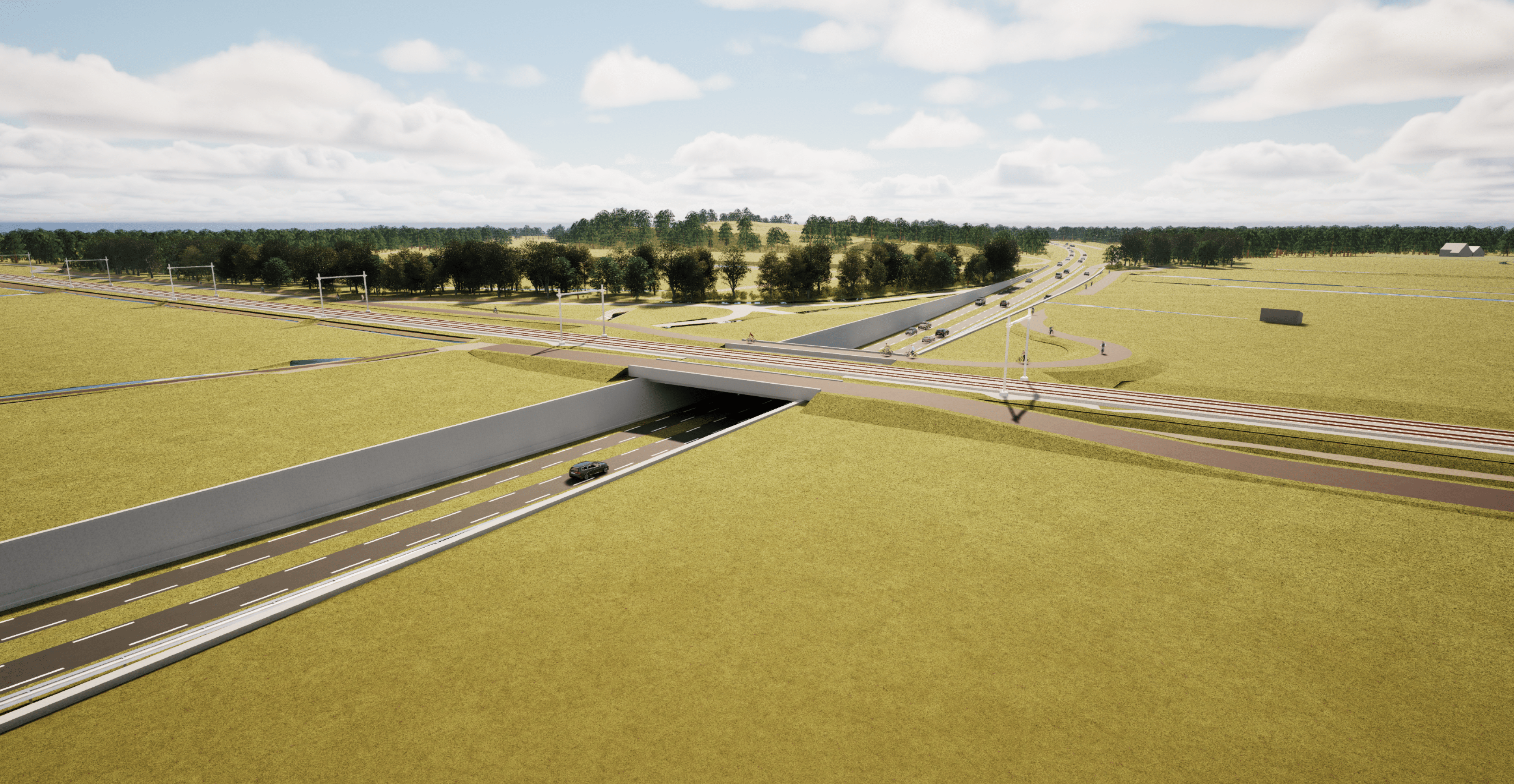 Een digitale weergave van een viaduct op het platteland met een weg eronder. De omliggende velden zijn uitgestrekt en in de verte zijn bomen te zien aan de horizon.