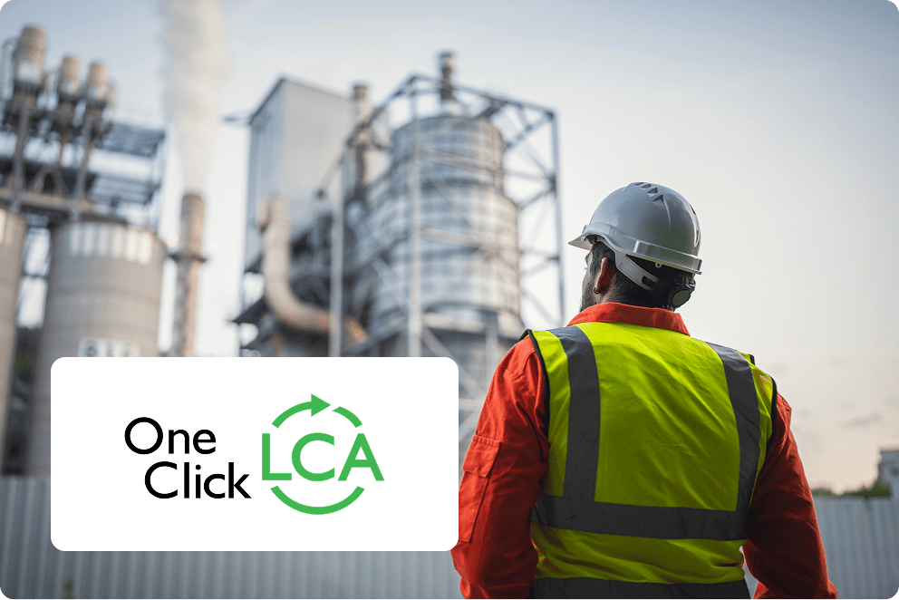 Logo of One Click LCA, featuring a green leaf and a stylized building, representing sustainable life cycle assessment.