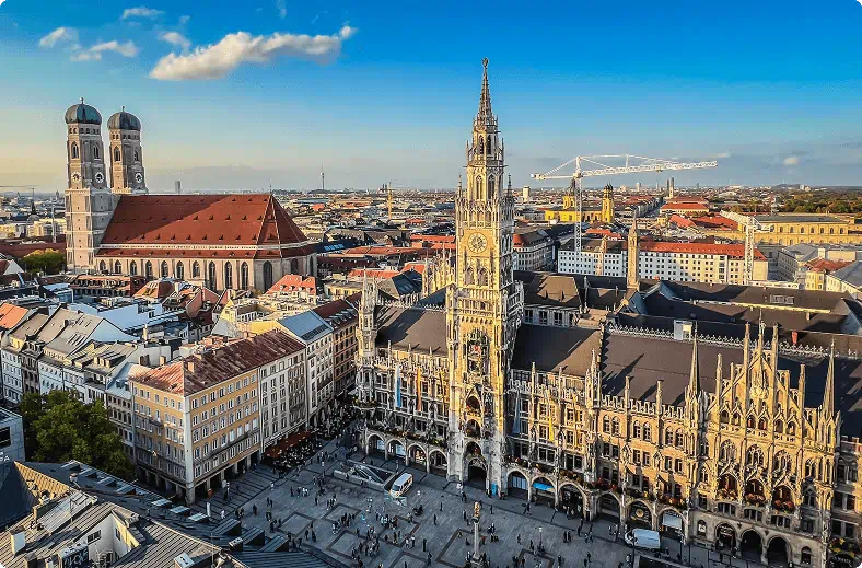 A panoramic view of Munich, Germany, showcasing its historic architecture and vibrant city life.